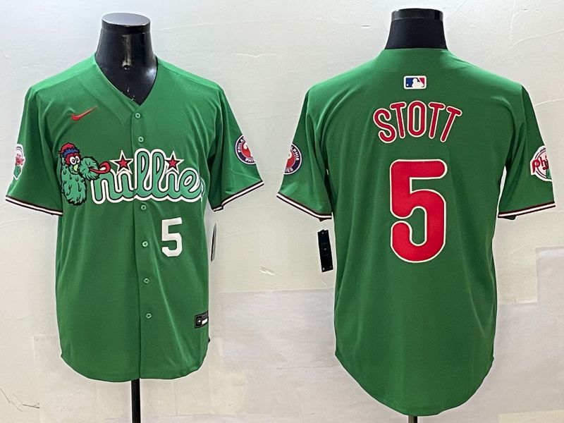 Men Philadelphia Phillies 5 Stott Green Three generations Joint Name Game 2025 Nike MLB Jersey style 2